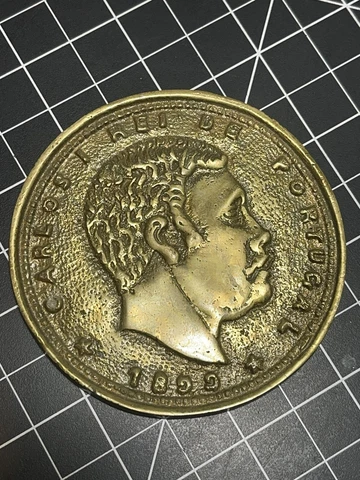 Vintage Large Coin Paperweight- 1899 Carlos Rei De Portugal Cover