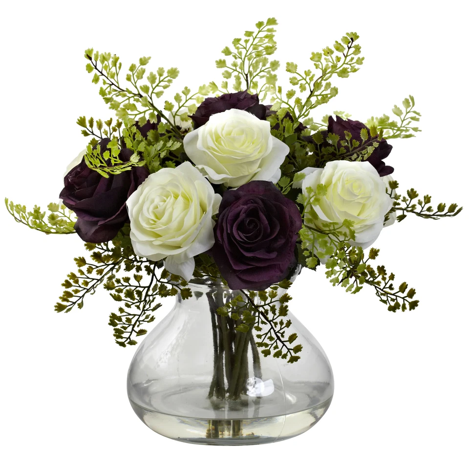 14" Purple White Rose & Maiden Hair Arrangement in Glass Vase Faux Floral Decor - Image 1 of 1