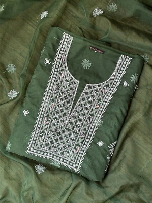 Green Un-Stitched Organza Chikankari Kurti Piece with Dupatta | Lucknowi Set - Image 1 of 4
