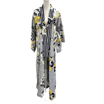 Kimono japonés 100 % lino tradicional popular único azul amarillo talla única Foto 1 de 4
