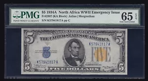 US 1934A $5 North Africa Provisional (KA Block) FR 2307 PMG 65 EPQ GEM CU (817) - Picture 1 of 2