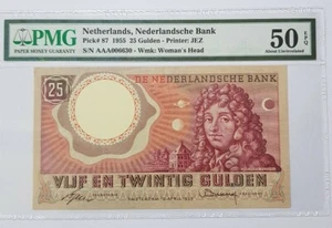 1955 Netherlands 25 Gulden PMG50 EPQ AUNC {P-87} First Prefix AAA - Picture 1 of 3