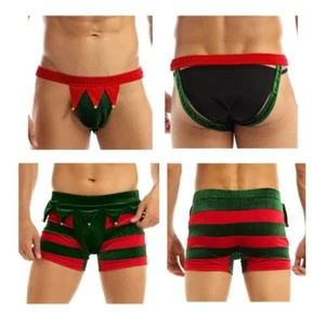 AU Mens Christmas Elf Costume Velvet Striped Boxer Briefs Shorts Fancy Underwear - Picture 1 of 27