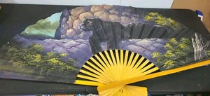 Vtg Black Panther Big Cat HAND PAINTED BAMBOO GIANT FAN WALL HANGING 59"x35" - Picture 1 of 8