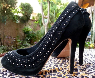 $280 Karen MiLLEN ~ драгоценности оборки ~ платформа ~ заглянуть носок 5» каблука туфли ~ черный замши ~ ЕС 40 ~ 9 - Изображение 1 из 4