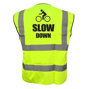 SLOW DOWN YELLOW HI VIZ VIS CYCLE WAISTCOAT VEST TABARD SAFETY  - Picture 1 of 4