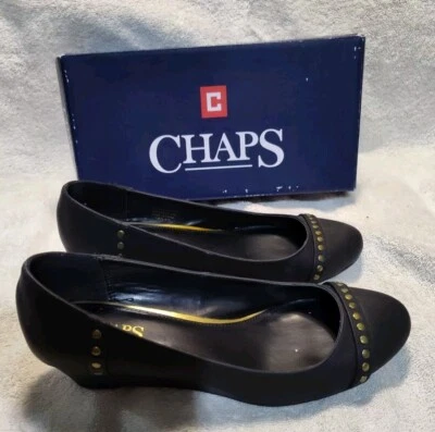 Zapatos Chaps de tacón de cuña para mujer de charol negro y cuero 7B Foto 1 de 4