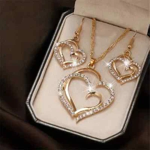 3pcs/set Heart Shaped Zircon Pendant Necklace, Earrings Goldtone New in Stock - Picture 1 of 3