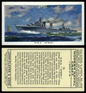 H.M.S Afridi #12 Modern Naval Craft 1939 John Player & Sons Card - Picture 1 of 1