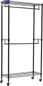 Adjustable Double Rod Garment Rack Rolling Closet Organizer Black 183cm - Picture 1 of 12