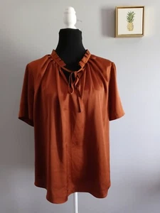 Worthington top Blouse Size XL color pumpkin bread ruffle neck satin - Picture 1 of 6