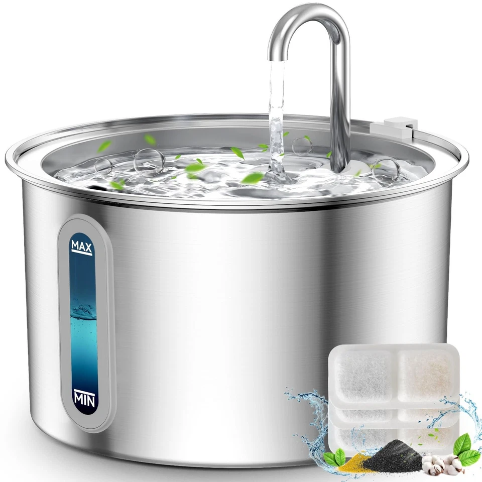 Oneisall Katzenbrunnen Edelstahl 2L leise Trinkbrunnen für Katze / Ersatzfilter