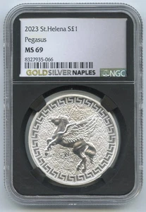 2023 St. Helena Pegasus 999 Plateado 1 OZ Moneda NGC MS69 Dorado Naples - P367 - Imagen 1 de 2
