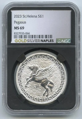 2023 St.Helena Pegasus 999 Argento 1 Oncia Moneta NGC MS69 Oro Napoli - P367 - Immagine 1 di 2