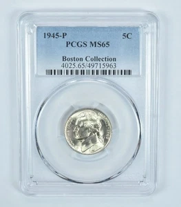 1945-P Jefferson Nickel Boston Collection MS65 PCGS Blue Label - Picture 1 of 5