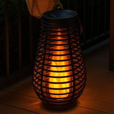 Außenleuchte Solarlampe Laterne Gartenleuchte Hängelampe Feuereffekt schwarz - Bild 1 von 4