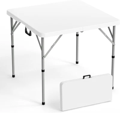Fold-in-Half Square Table, 34" Portable Plastic Dining Table, Bi-Folding, White - Image 1 of 4