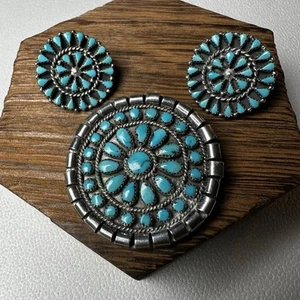 Petite Point Turquoise & Sterling Silver Brooch Pin & Earrings Signed Native Ame - Picture 1 of 15