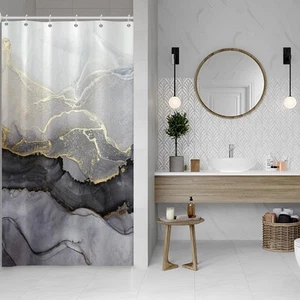 Abstract Marble Stall Shower Curtain for Bathroom Modern Black Gray Watercolor - Picture 1 of 7