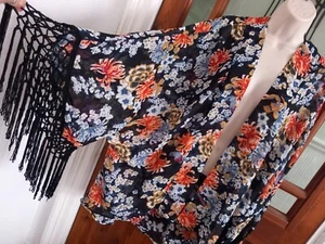 vtg Style Fringed Chiffon oversized kimono top jacket size 12 beach cover boho - Picture 1 of 7