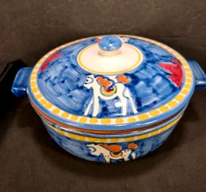 Solimene Vietri Casserole with Lid & Handles Horse Hand Painted HTF Blue Yellow - Picture 1 of 6