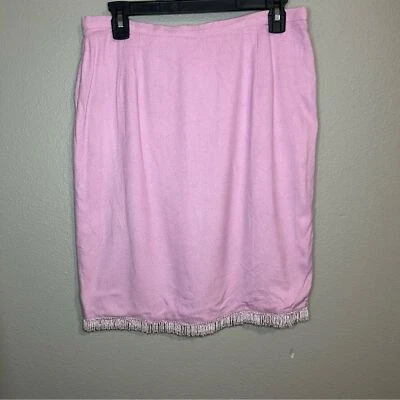 VALENTINO vintage pink 100% silk beaded fringe pencil skirt size 12 Foto 1 de 4