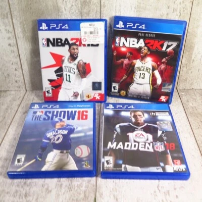 Lot of 4 PS4 Sports Games NBA 2K17, 18 Madden 18, Show 16 - Image 1 of 4