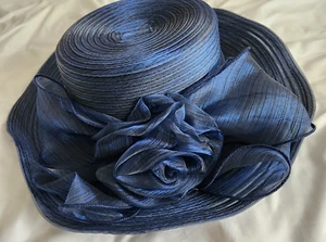 Vintage Blue Beautiful Blue Rose Bow Banded Church Wedding Derby Hat Adjustable - Picture 1 of 22