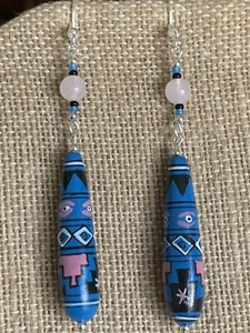 35% Off SALE *HANDMADE/PAINTED CERAMIC BEAD& ROSE QUARTZ EARRINGS-.925 sterling - Picture 1 of 10