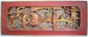 Antique Chinese Carved Gold Gilt & Red Wood Panel w/ Immortal on Crane (15.6" ) - Picture 1 of 12