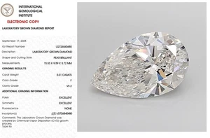 5.01 Pear Lab Grown Diamond For Engagement Ring IGI Certified F VS2 - Picture 1 of 8