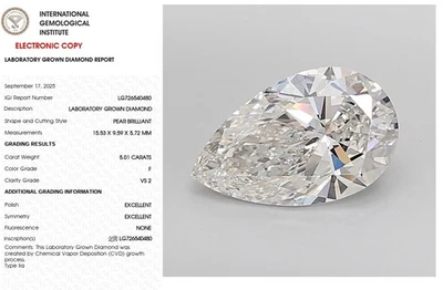 5.01 Pear Lab Grown Diamond For Engagement Ring IGI Certified F VS2 - Image 1 of 4