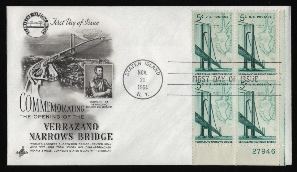 #1258 5c Verrazano Bridge-Plate Block, Art Craft H/C FDC **ANY 5=FREE SHIPPING** - Image 1 of 1