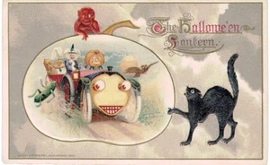 Lanterna Halloween Winsch Strega Giallo Auto Umana Diavolo Gatto Gufo Mai Usata 1910 - Foto 1 di 2