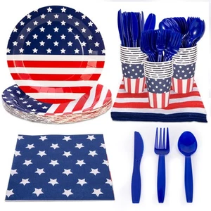 4th of July 144 Pcs Patriotic Party Supplies Dinnerware Set of 24 Plates,24 N... - Picture 1 of 7