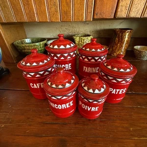 Vintage French Red Enamel Canister Set With Geometric Design Sugar Flour Coffee - Picture 1 of 11