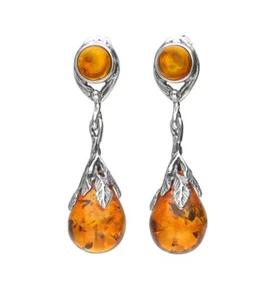 Aretes colgantes ámbar báltico plata de ley 925 coñac pera hoja tallada - Imagen 1 de 1