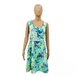 Dana Buchman Green Sleeveless Belted Floral Pleated Cotton A-Line Dress Size 12 - Picture 1 of 10