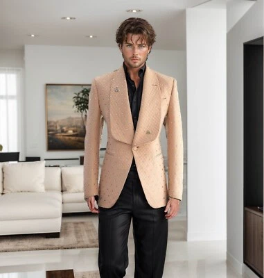 Traje pantalón pantalón de diamantes de imitación de novio para hombre de un solo pecho boda 2 piezas trajes ajustados Foto 1 de 4