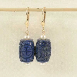 14kt Solid Yellow Gold Leverback Natural Blue Lapis & Pearl Earrings - Picture 1 of 5
