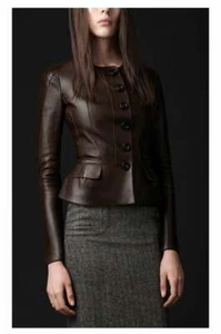 Women's Classic Sheepskin Leather Jacket Motorcycle Bomber Biker Jacket Brown - Picture 1 of 6