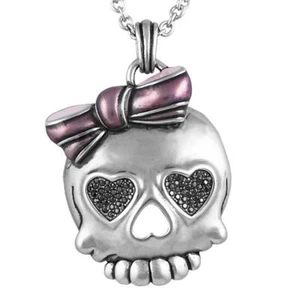 Skull Necklace Black Cubic Zirconia skull girl pink bow stainless steel pendant - Picture 1 of 4