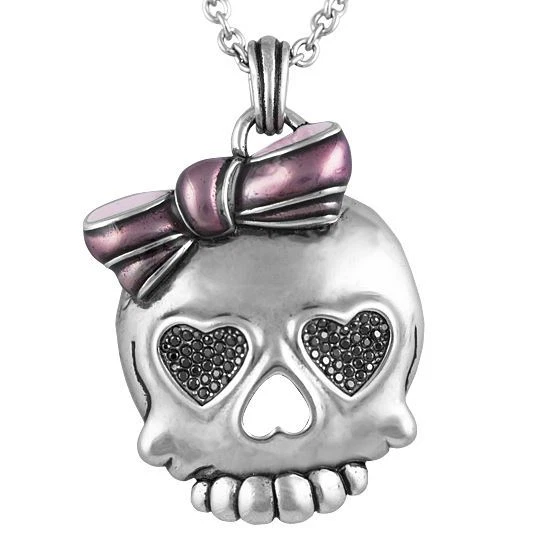 Bejeweled Badass in Pink Skull Necklace W. Black Cubic Zirconia Jewelry Controse