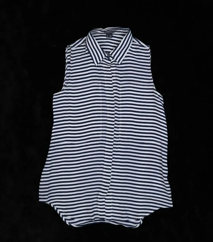 Blusa Top Mujer Theory Blanco Azul Rayas Seda Sin Mangas Abotonada P 4-6 Foto 1 de 4