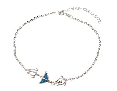 925 Sterling Silver Hawaiian Whale Tail Honu Oval Opal Plate Anklet 8.5" + 2" - Image 1 of 2