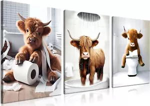 Funny Bathroom Highland Cow Wall Art, Brown Cute Cow Animal Canvas Posters Print - Picture 1 of 12