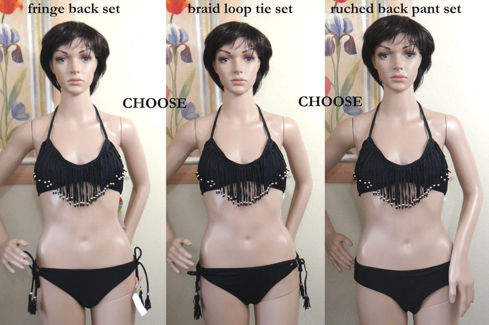 RAISINS black fridge bead swim halter top & ruched, braid tie or fringe pant,S,M - Image 1 of 1