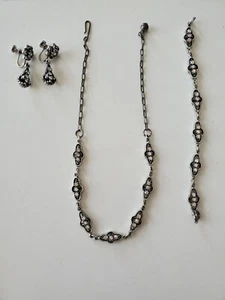 Vintage Silberfarben Strass Halskette Armband & Ohrringe Set Art Deco - Bild 1 von 4