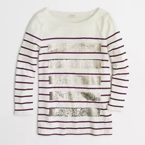 Camiseta J Crew Lentejuelas Mujer Talla S Blanca Rayas Mangas 3/4 Pullover Top - Imagen 1 de 9