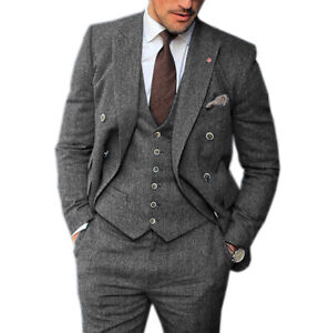 3Pcs Men Wedding Suits Bestman Formal Party Herringbone Jacket+Vest+Pants Custom